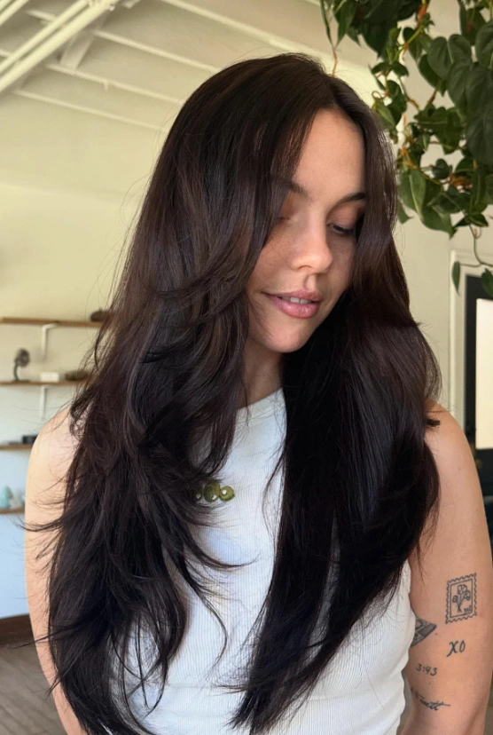 Long Layered Brunette Hair with Face-Framing Bangs