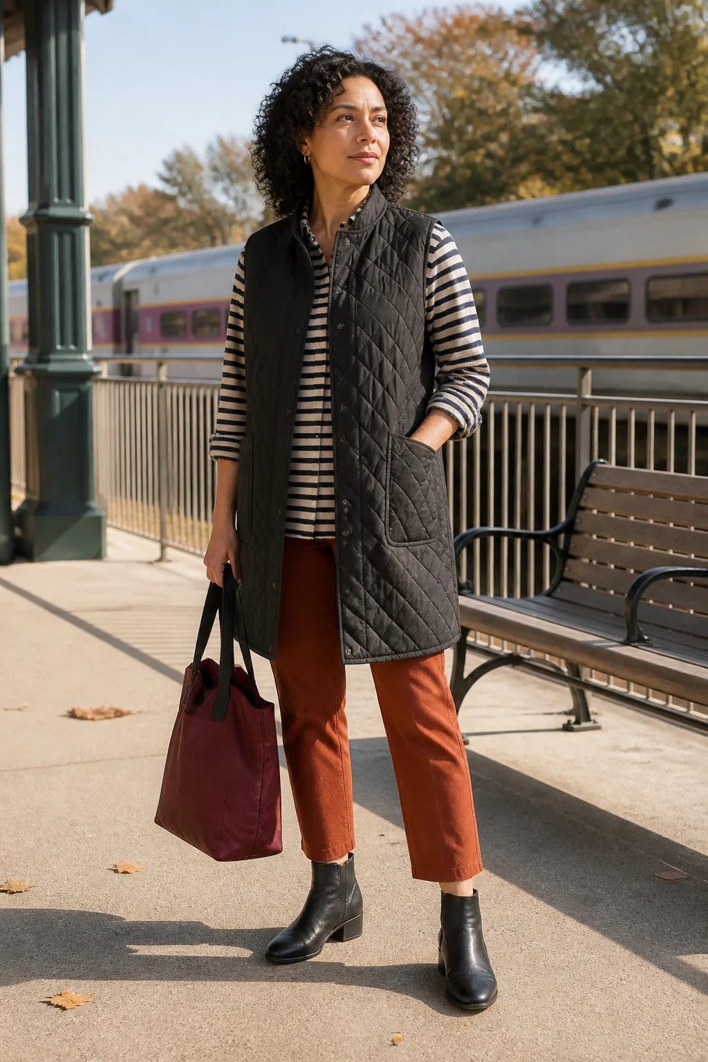 Long Vest, Striped Shirt, and Cropped Trousers