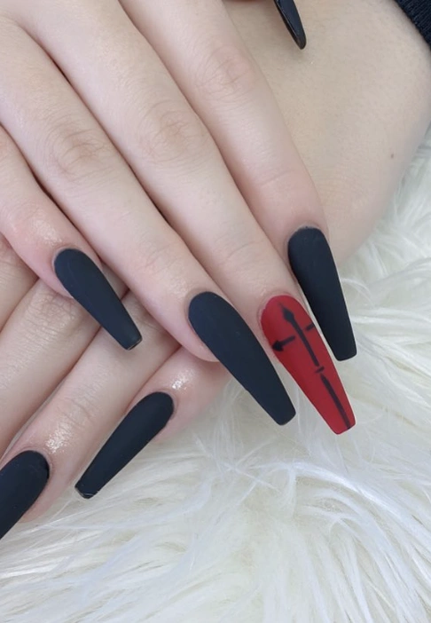 Matte Black Coffin Nails with Scarlet Accent