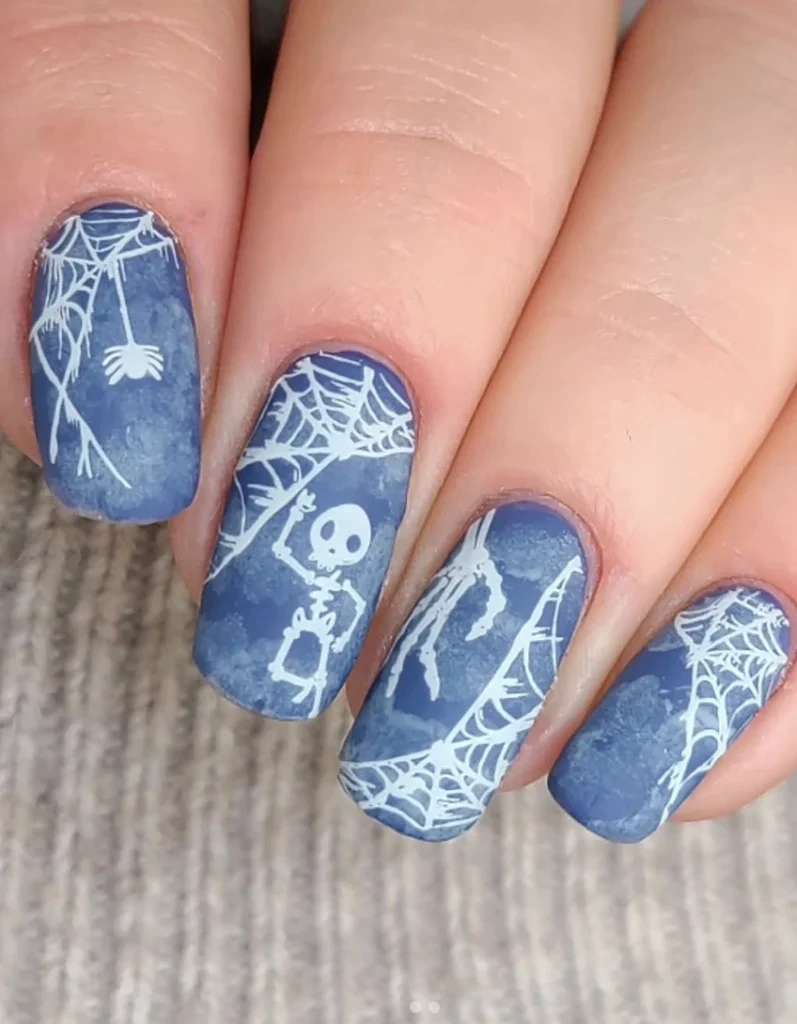 11- Matte Blue Coffin Nails with Spiderwebs