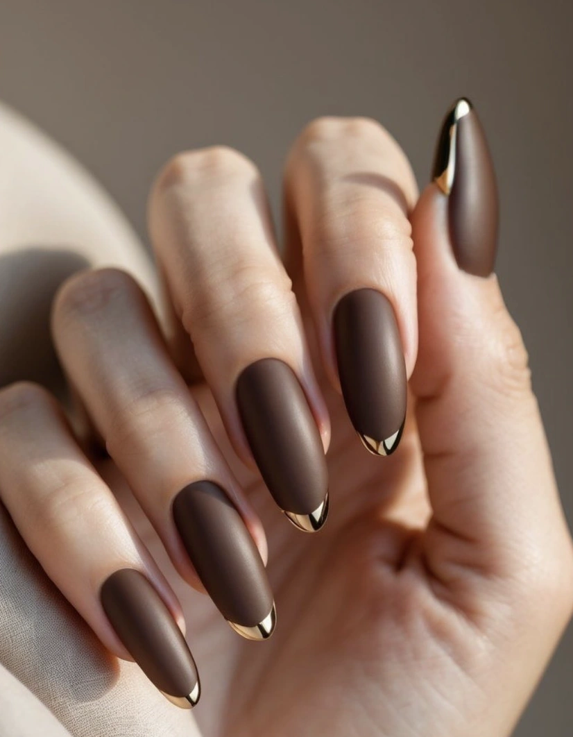 Matte Chocolate Almond Nails with Geometric Gold Tips