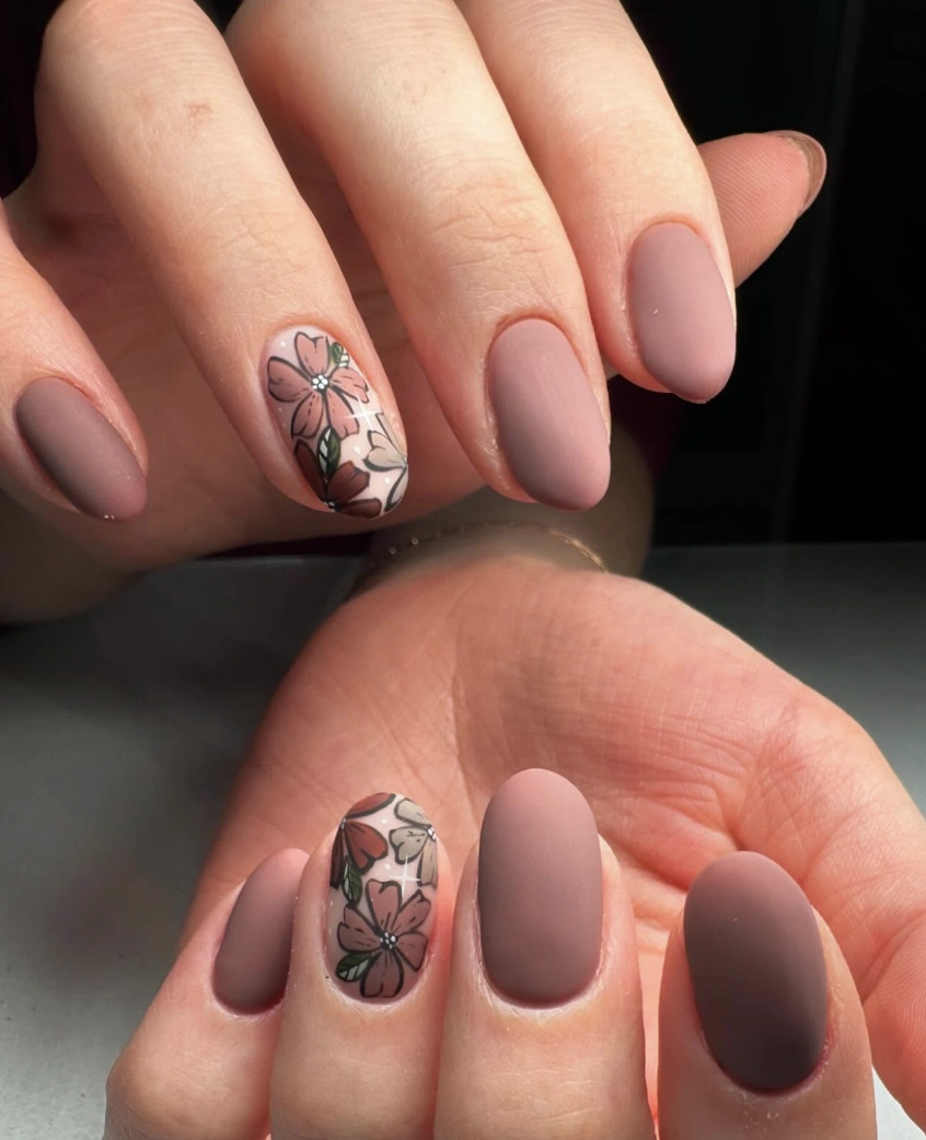 Matte Mauve Almond Nails with Floral Accents
