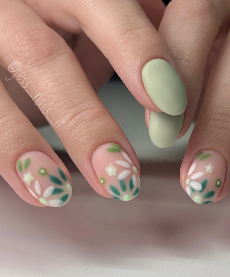 Matte Sage Green and Floral Nail Art