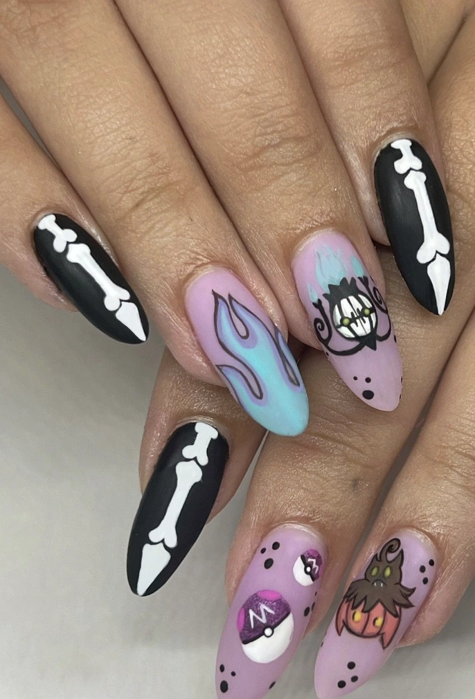 8- Matte Skeleton Nails with Pastel Ghosts