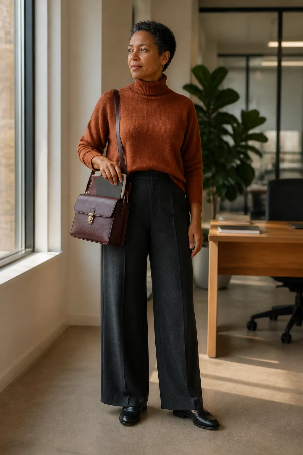 Merino Turtleneck, Pleated Trousers, and Loafers