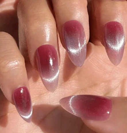 Merlot Magic: Almond Nails with Cat-Eye Shimmer