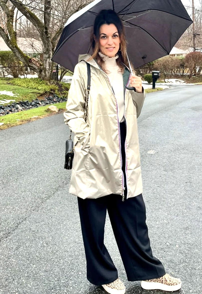 Metallic Raincoat + Wide Leg Trousers + Leopard Sneakers