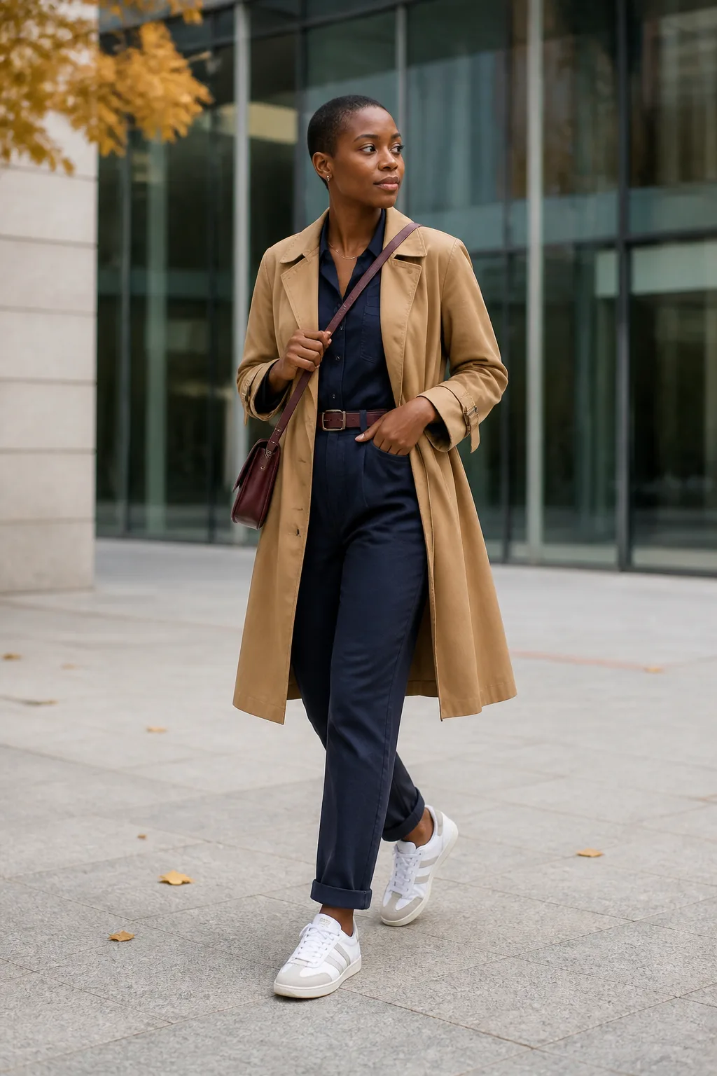 Metallic Sambas with a Navy Jumpsuit