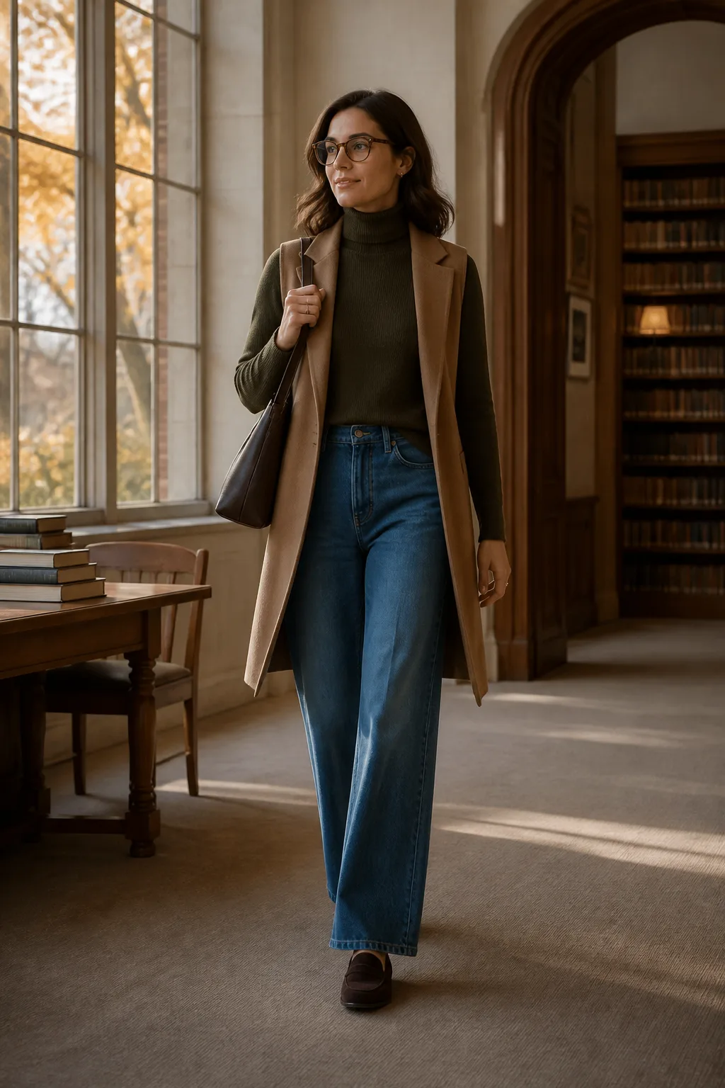 Mid-Wash Jeans with a Fine Turtleneck