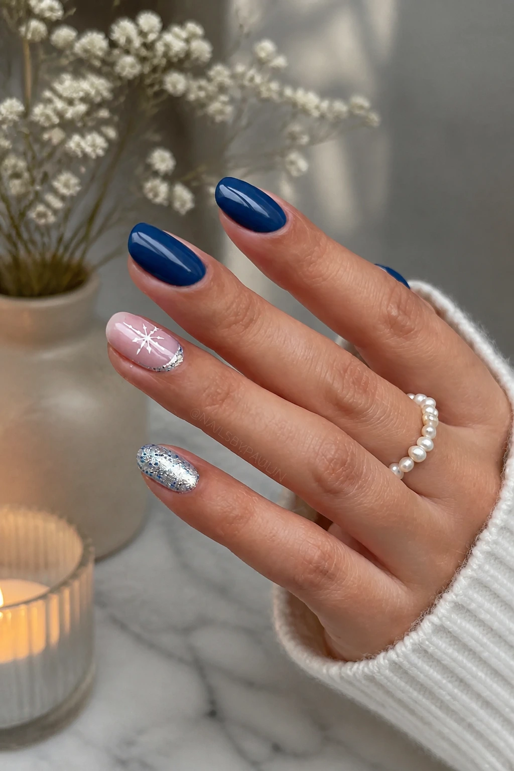 11- Midnight Blue Nails With Silver Sparkle