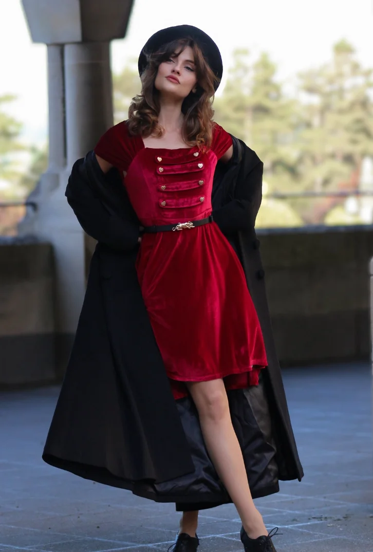 Military Chic: Red Velvet Dress Gold Buttons