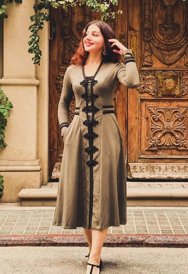 Military-Inspired Grace: Olive Green Midi Dress