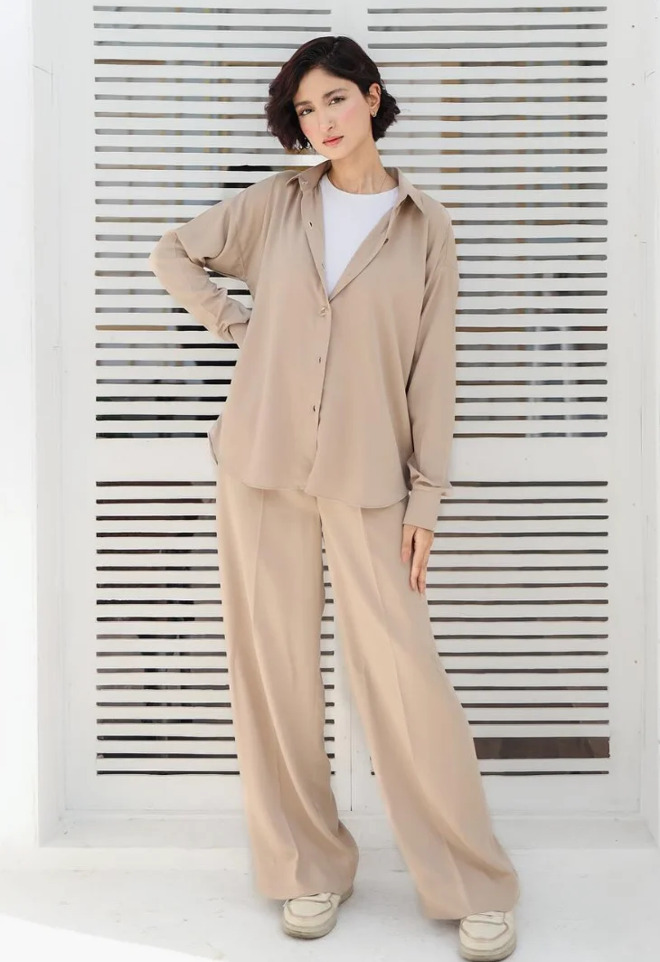 Minimalist Comfort: Beige Button-Down + Wide-Leg Pants