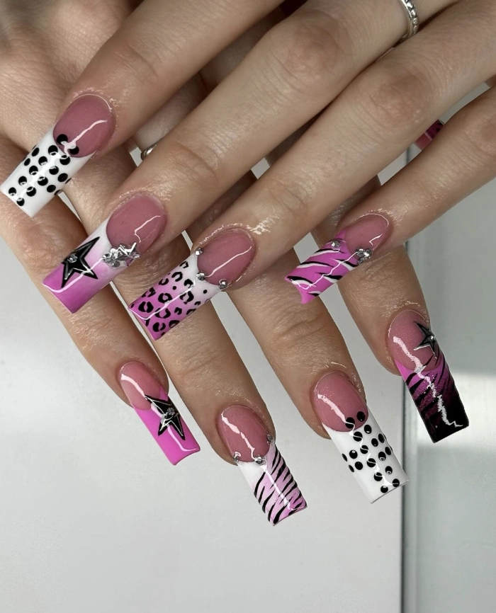 Mix & Match Extra Long Square Nails: Pink & Black Frenzy