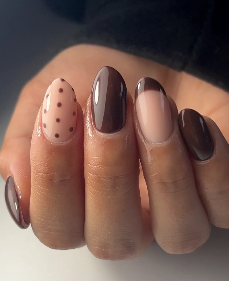 Mixed Chocolate Tones on Almond Nails: Polka Dot & French Tip