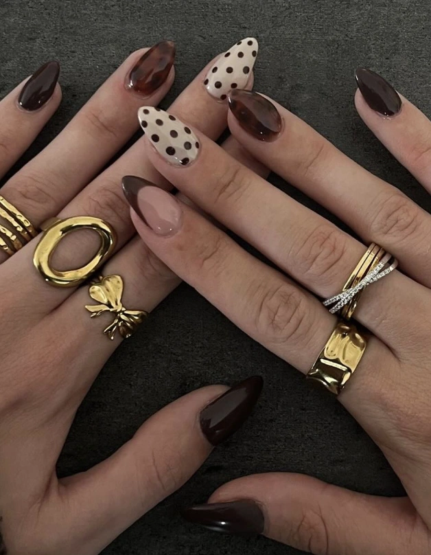 Mixed Media Almond Nails: Chocolate, Tortoise & Polka Dot