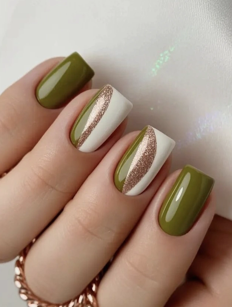 Modern Olive and White Nails with Rose Gold Glitter Accent
