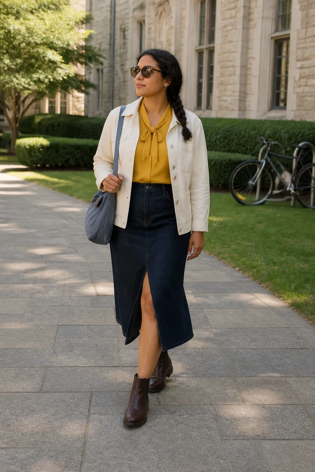 Mustard Blouse with Denim Midi Skirt