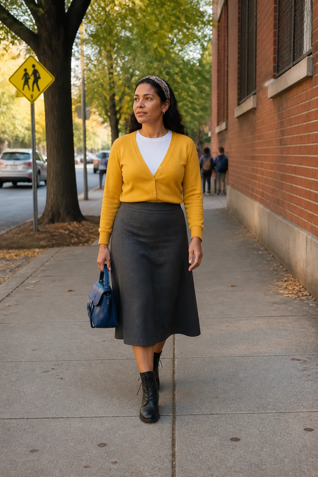 Mustard Cardigan, Charcoal Skirt, and Lace-Up Boots