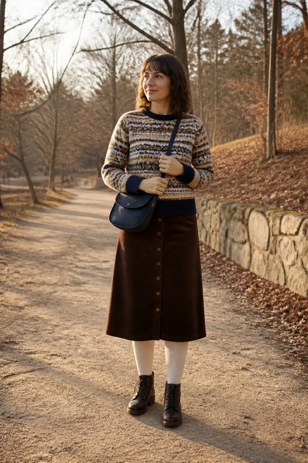 Mustard Fair Isle Sweater with Brown Corduroy Skirt