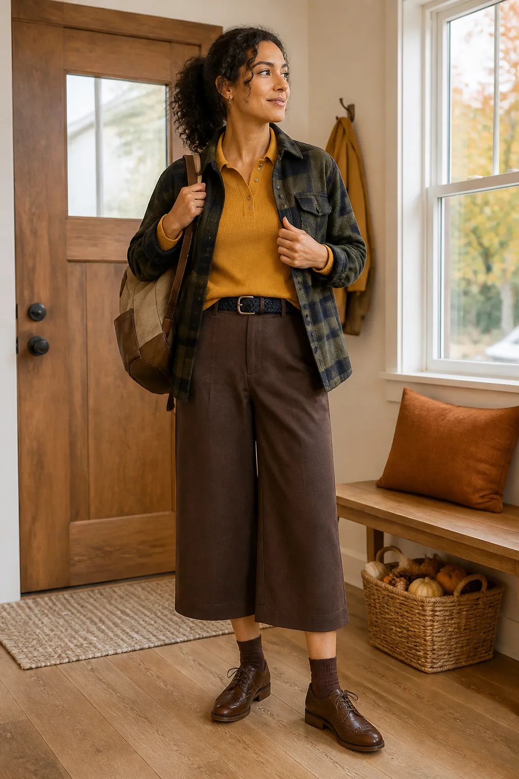 Mustard Knit Polo with Chocolate Culottes