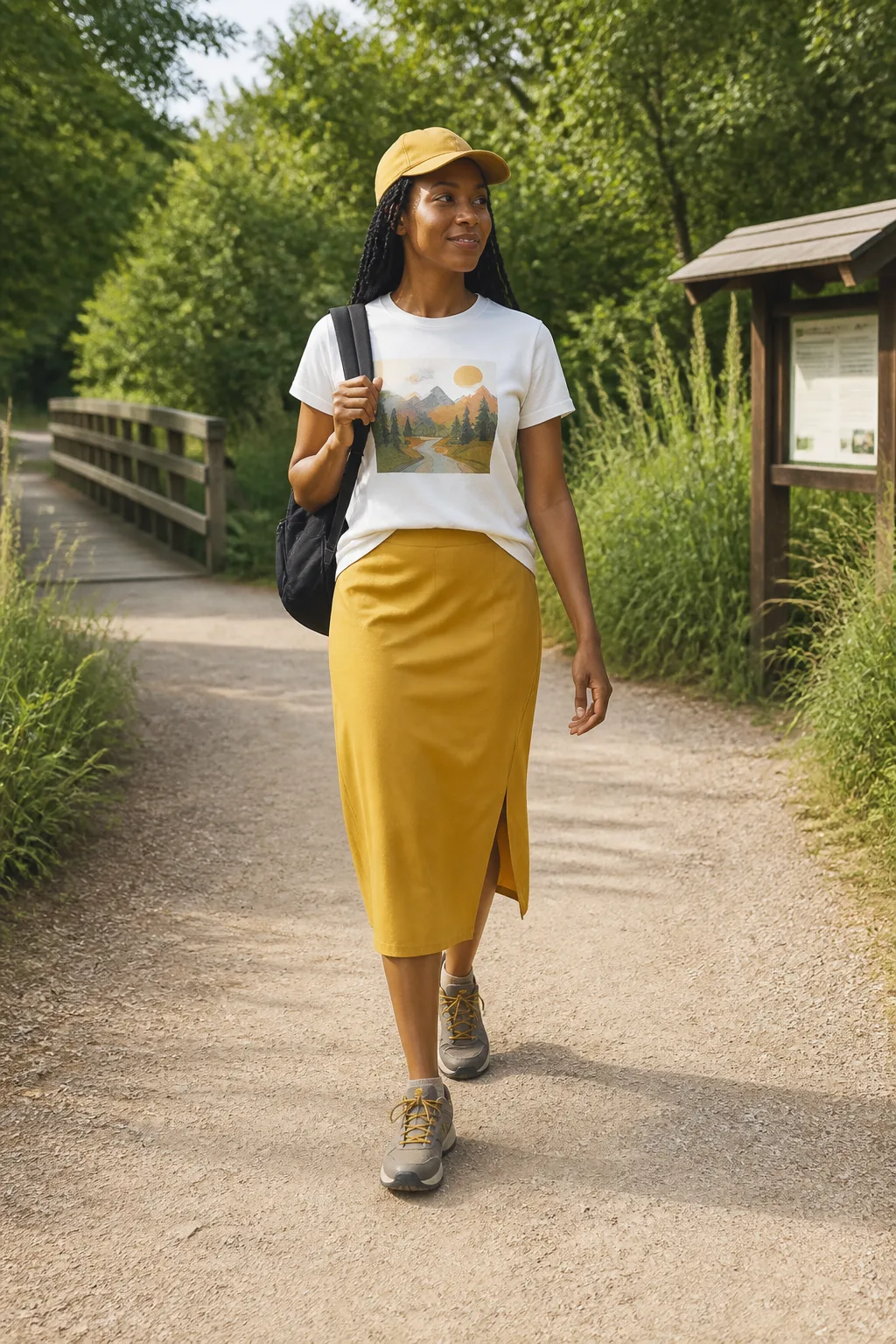 Mustard Midi Skirt, Graphic Tee, and Hiking Sneakers