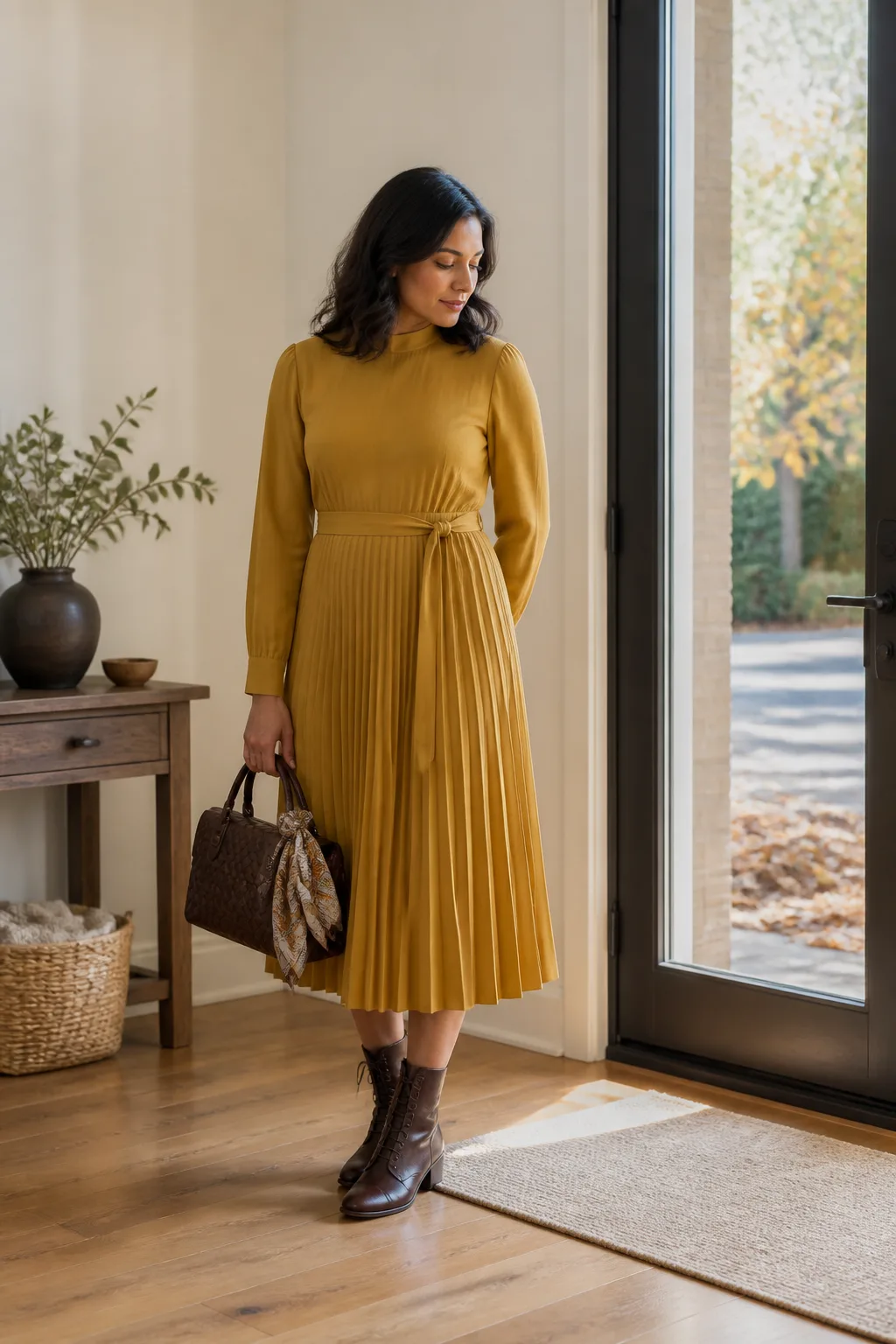Mustard Pleated Dress with Lace-Up Boots