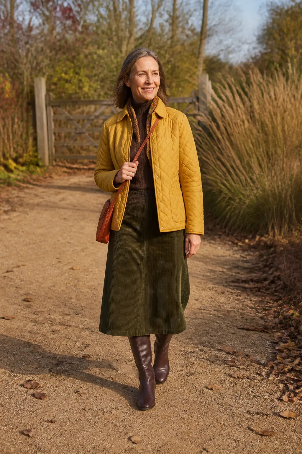 Mustard Quilted Jacket with Corduroy Skirt