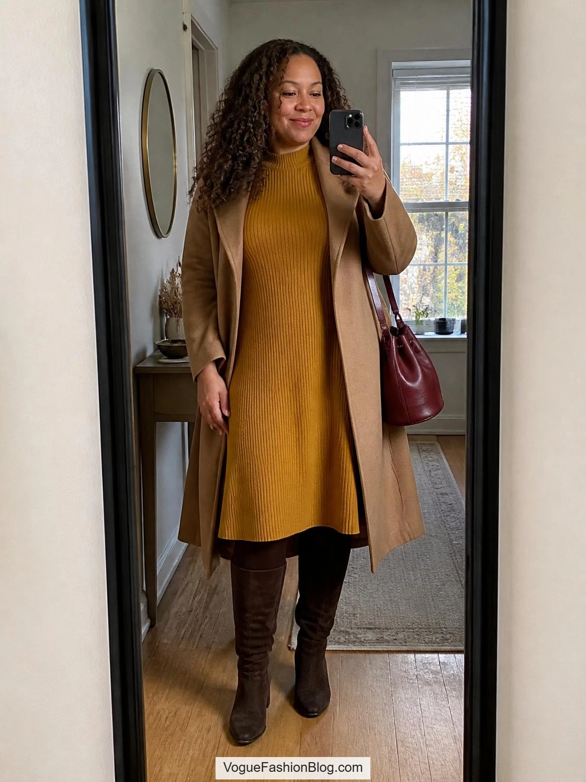 Plus size fall outfits feature a warm-skinned woman in a mustard ribbed sweater dress, open camel coat, and brown boots in a hallway mirror selfie.