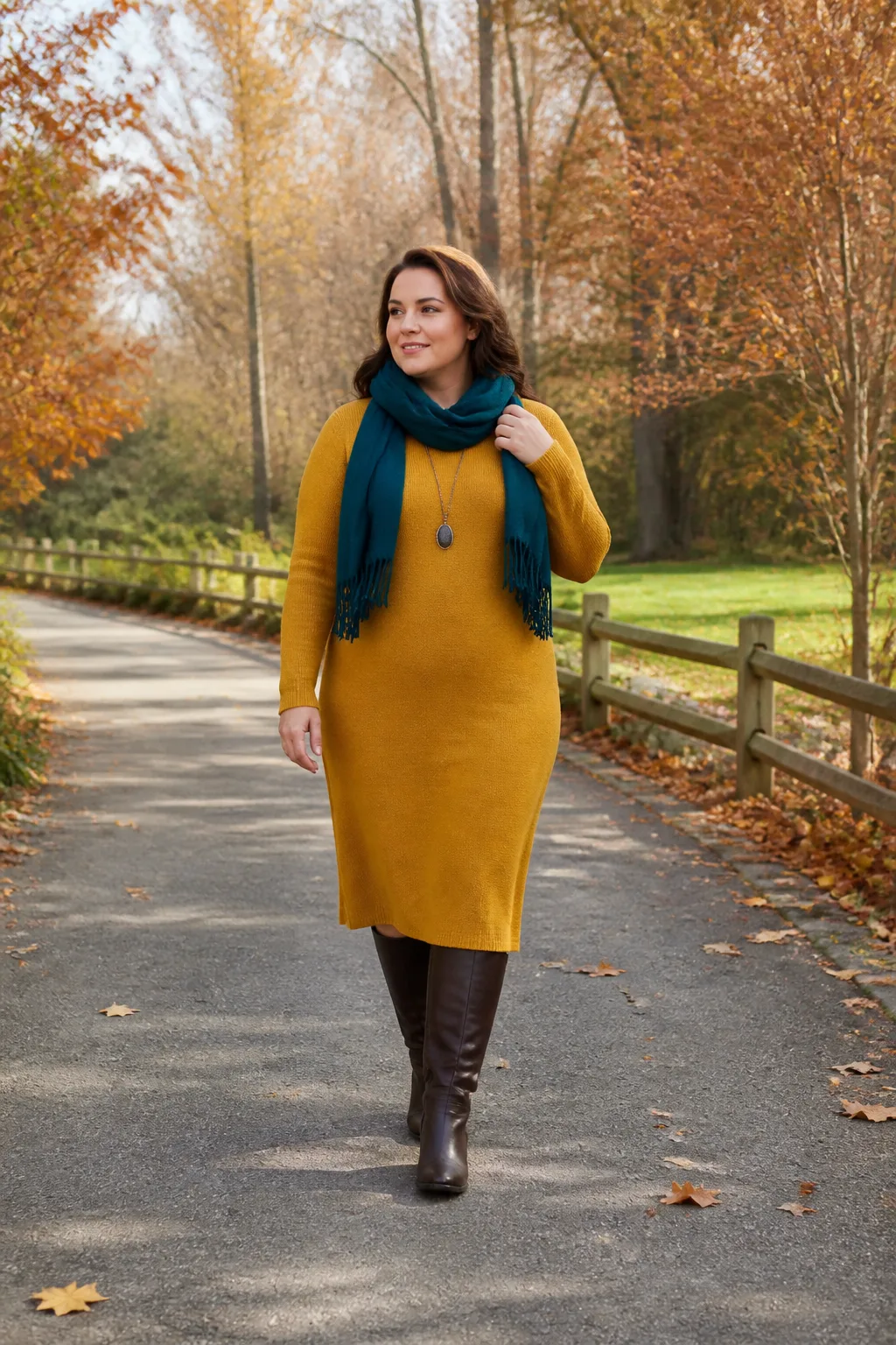 Mustard Sweater Dress with Brown Riding Boots