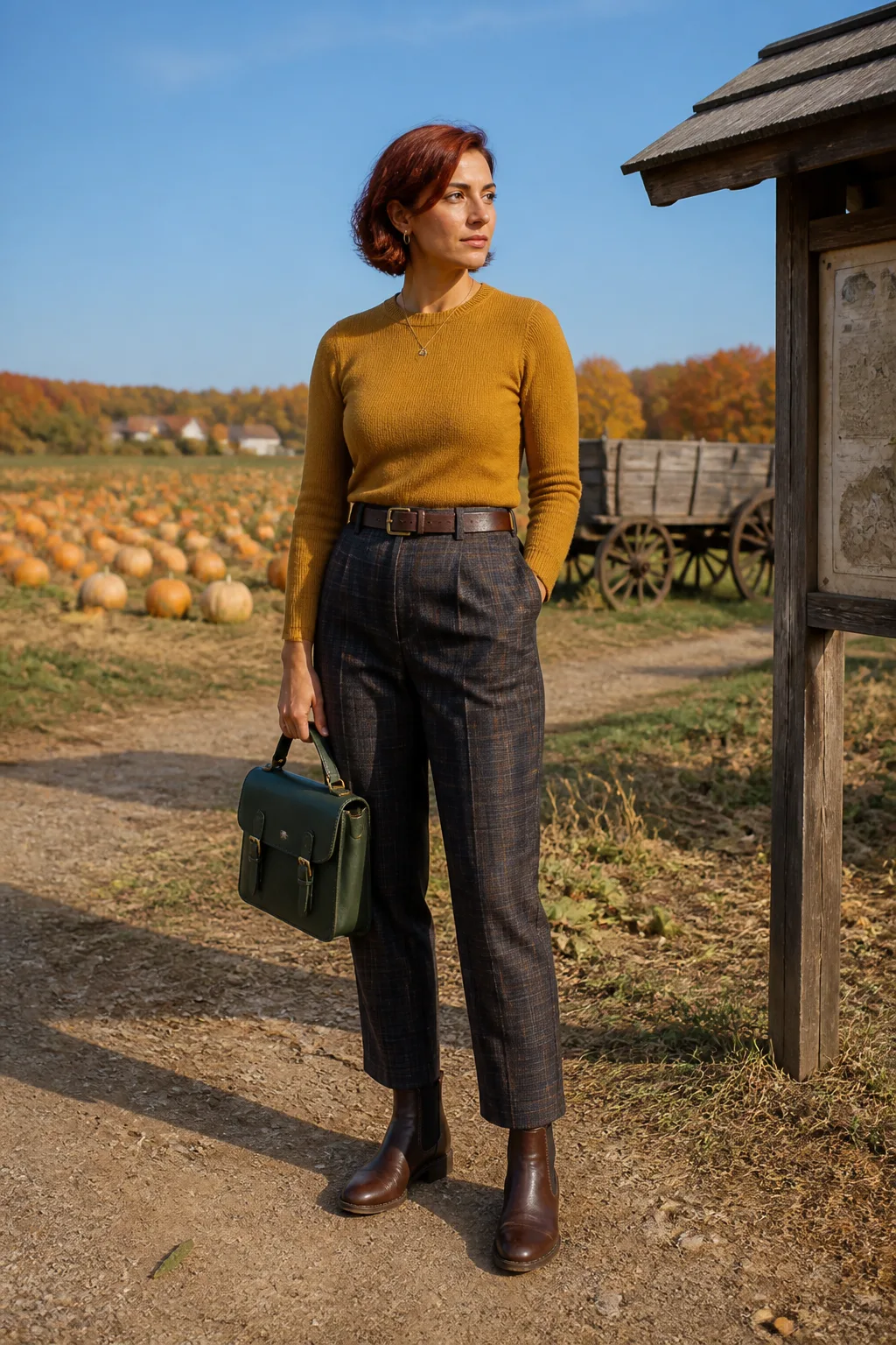 Mustard Sweater, Plaid Trousers, and Chelsea Boots