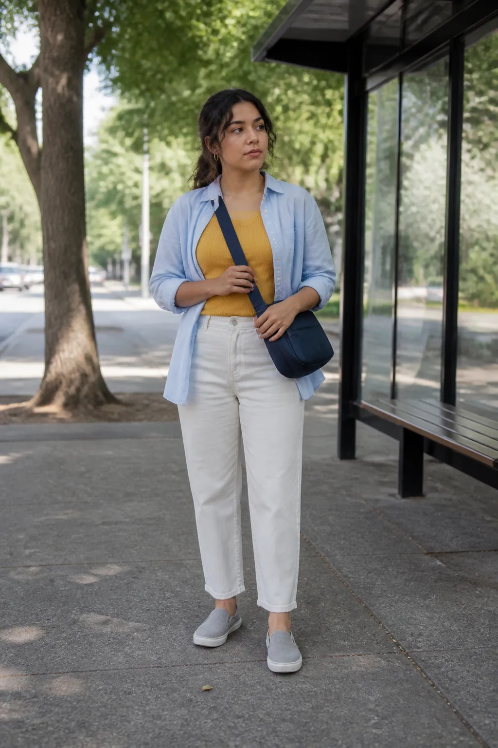 Mustard Tank Layered Under a Cotton Overshirt