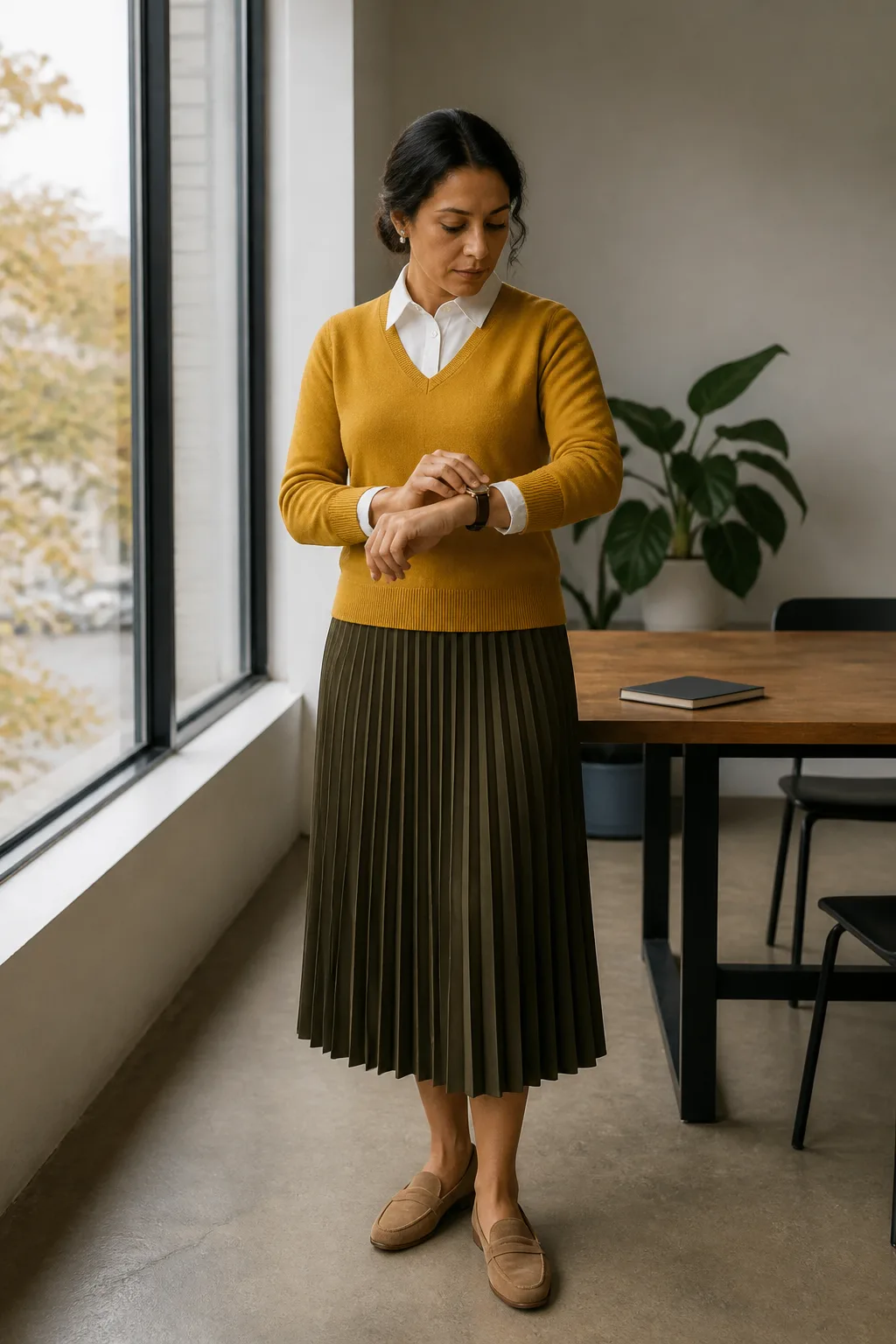 Mustard V-Neck with a Pleated Midi Skirt