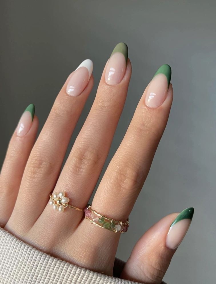 Muted Green French Tips on Almond Shaped Nails