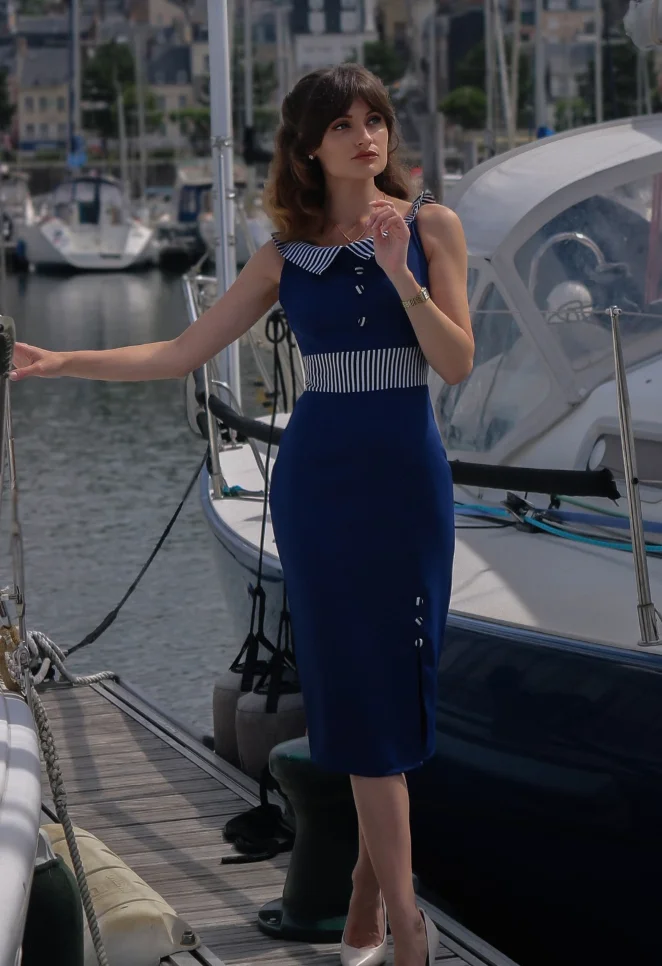 Nautical Glam: Blue Fitted Dress Striped Collar