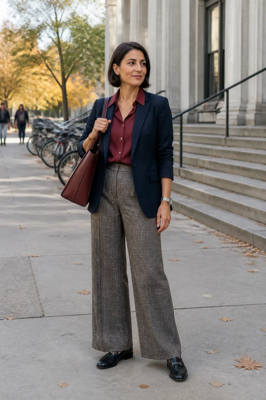 Navy Blazer, Burgundy Blouse, and Plaid Trousers