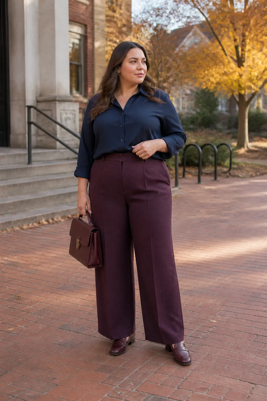 Navy Blouse with Plum Wide-Leg Trousers