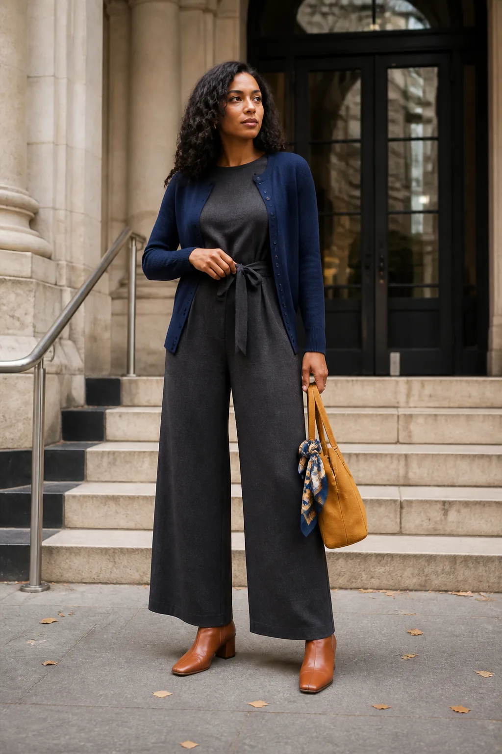 Navy Cardigan with Wide-Leg Jumpsuit