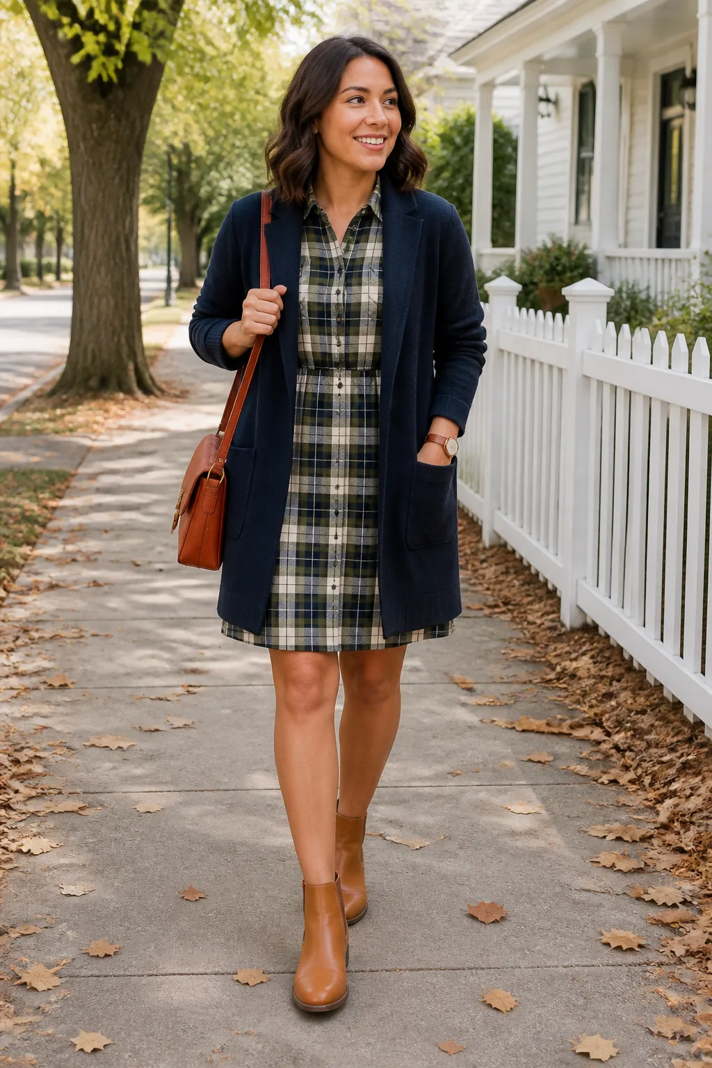 Navy Coatigan with Checked Dress
