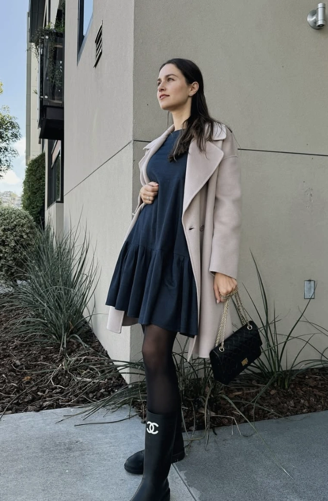 Navy Drop Waist Dress + Pale Pink Coat + Quilted Bag + Chanel Rain Boots