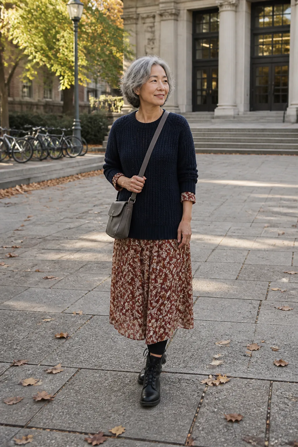 Navy Fisherman Sweater with a Printed Dress