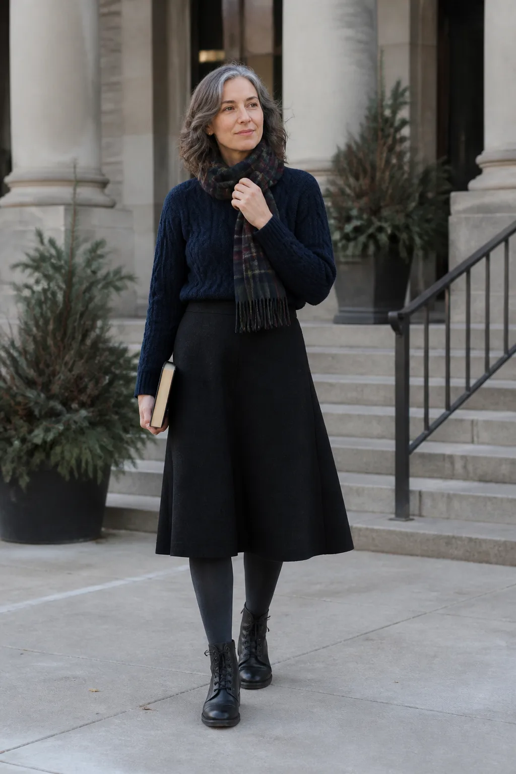Navy Fisherman Sweater with Black Midi Skirt