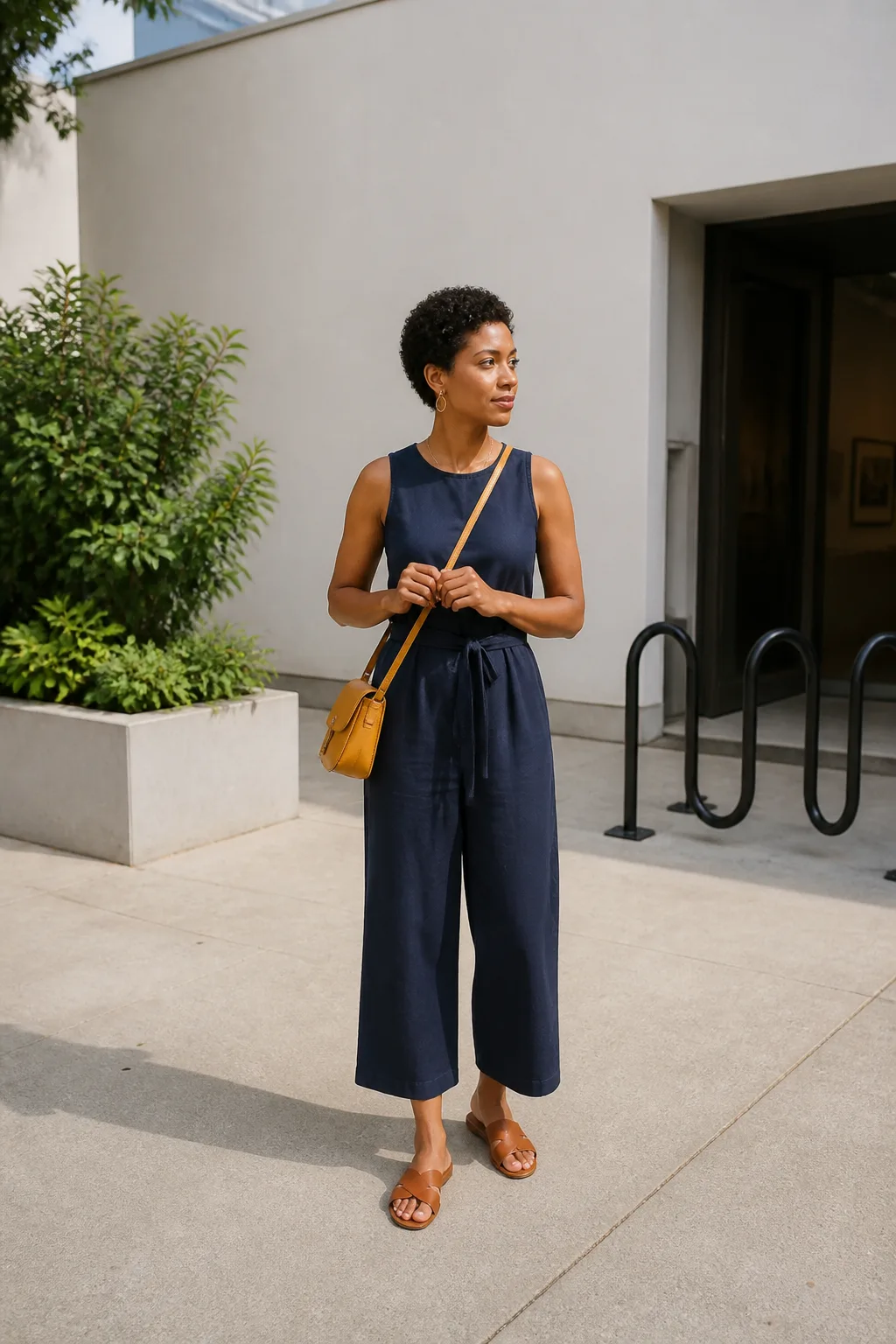 Navy Jumpsuit with Flat Leather Sandals