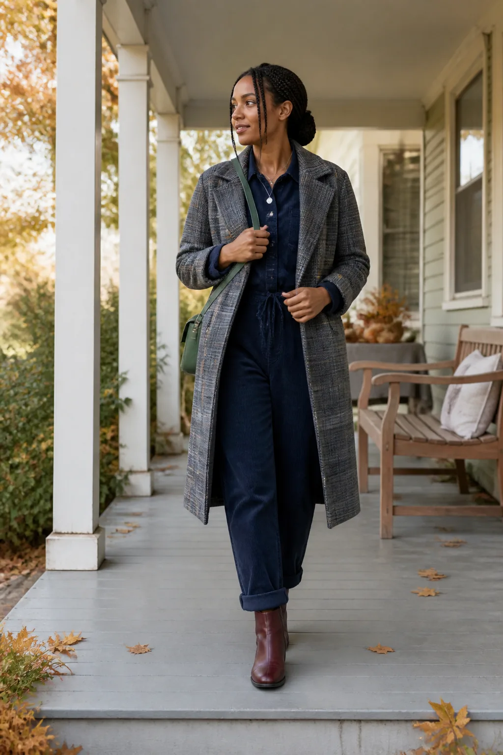 Navy Jumpsuit with Plaid Wool Coat