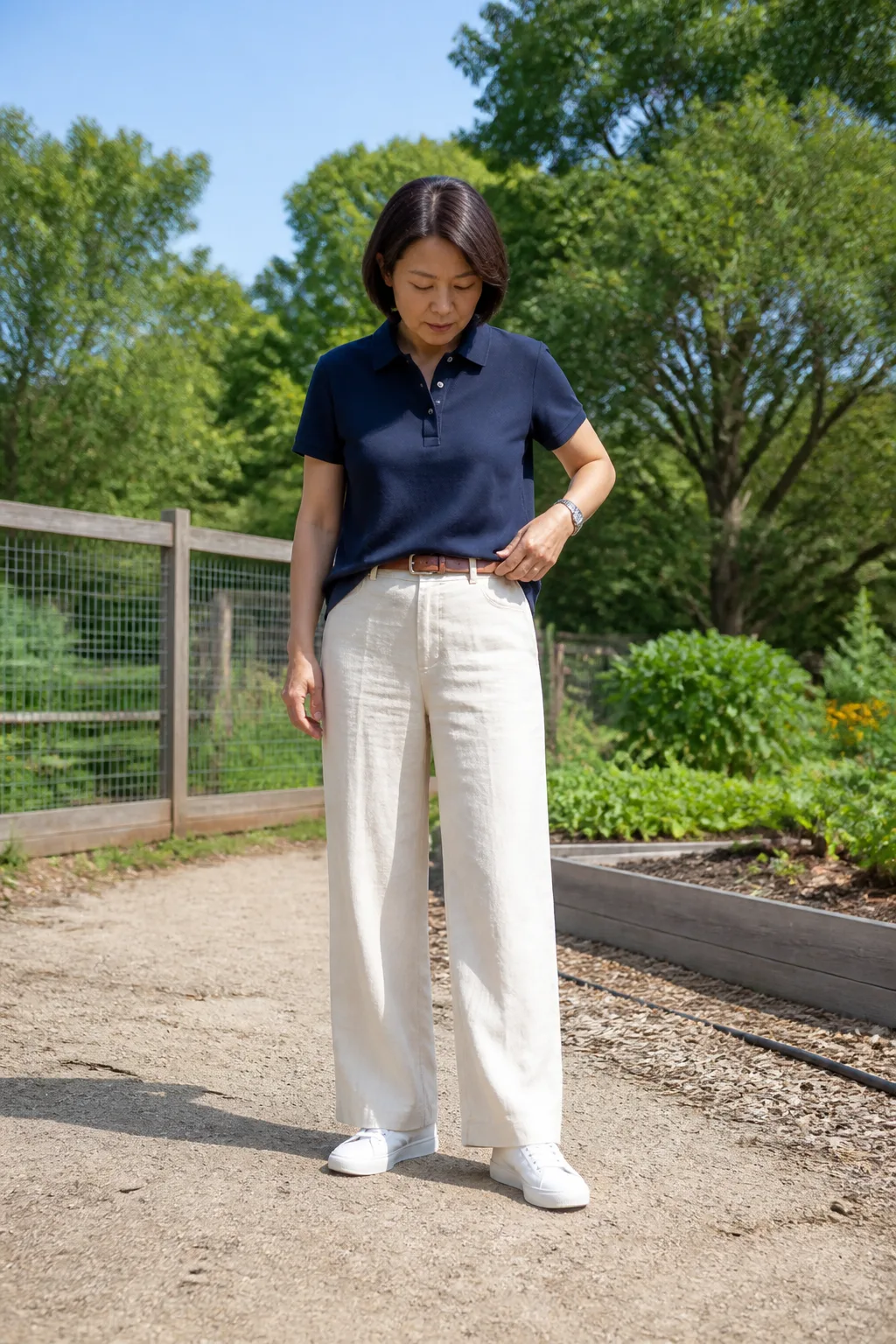 Navy Knit Polo with Wide-Leg Trousers