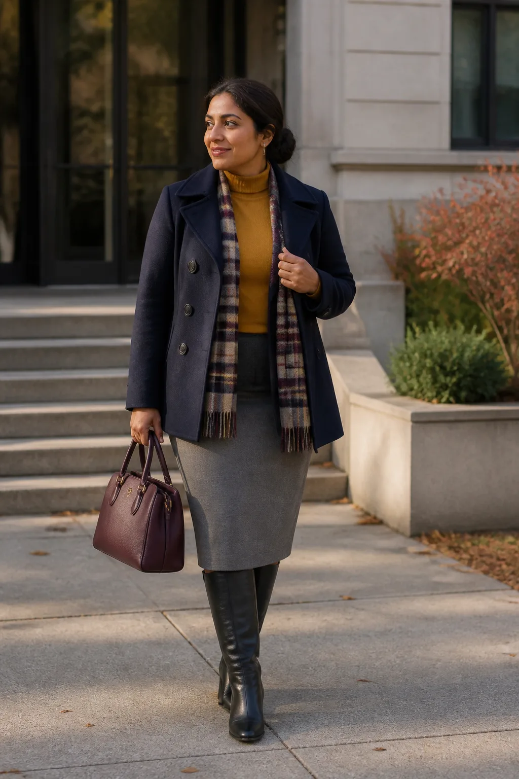 Navy Peacoat, Ochre Sweater, and Gray Wool Skirt