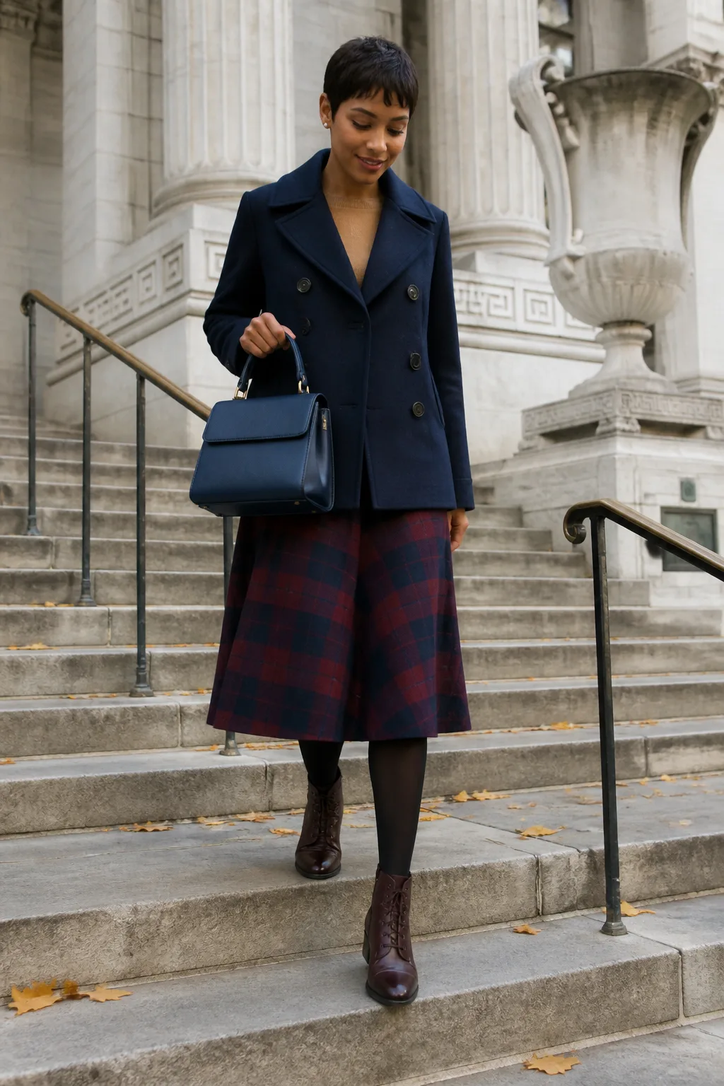 Navy Peacoat, Plaid Skirt and Opaque Tights