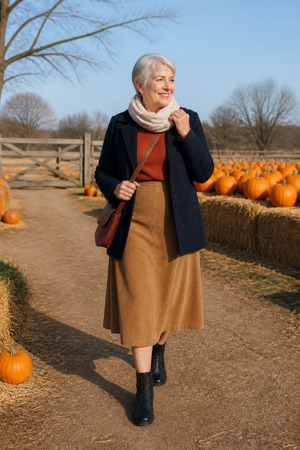 Navy Peacoat, Rust Sweater, and Corduroy Skirt