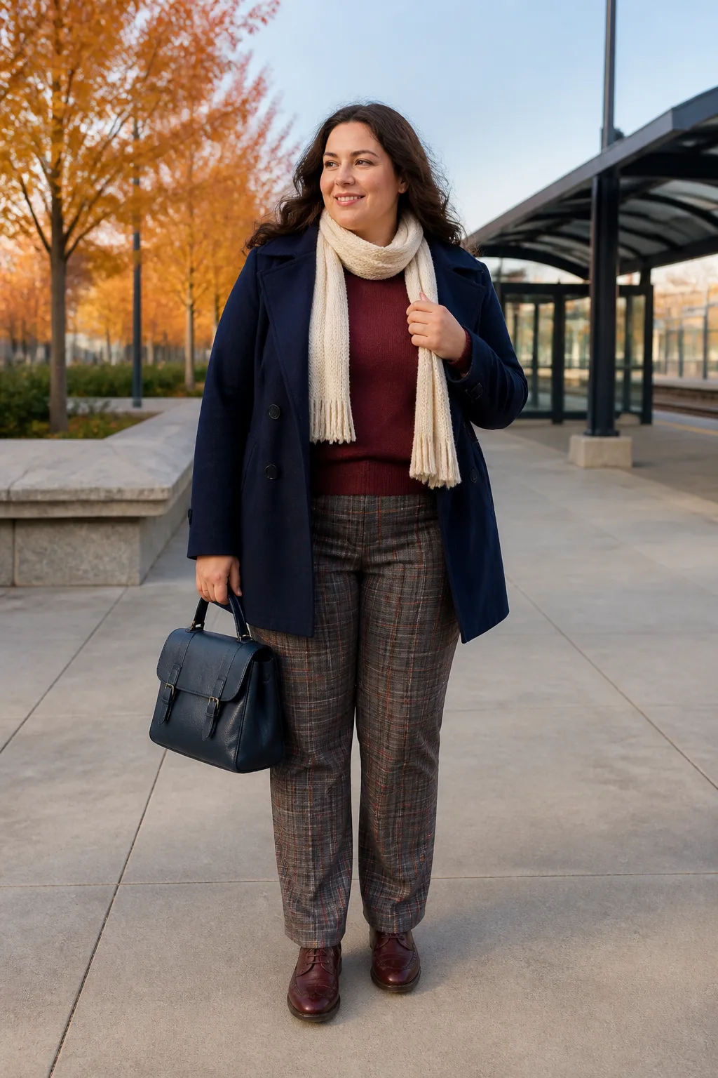 Navy Peacoat with Plaid Trousers