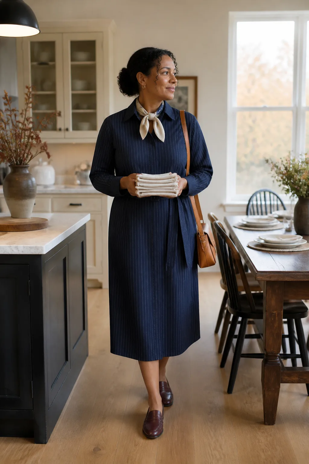 Navy Pinstripe Shirtdress with Loafers